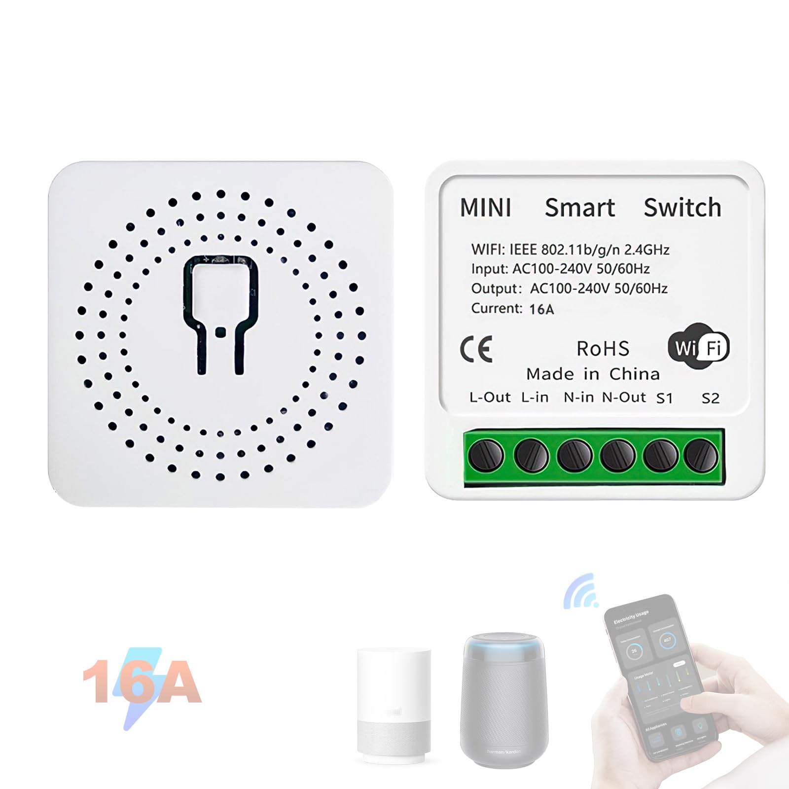 1 Mini Interruptor Inteligente Wifi 16A，Control Remoto para Automatización Doméstica, Módulo interruptor Compatible con Google Home, Alexa, Tuya, SmartLif