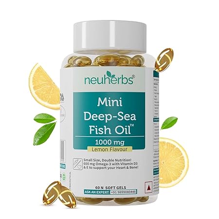 Neuherbs Mini Deep Sea Omega 3 Fish Oil 1000 mg With Lemon Flavour- 2X Omega 3, 360mg EPA & 240mg DHA With Vitamin D3 & E Promote Brain, Heart & Bone Health | No Fishy Burps / After Taste | 60 Softgels ( 30 Days Supply )