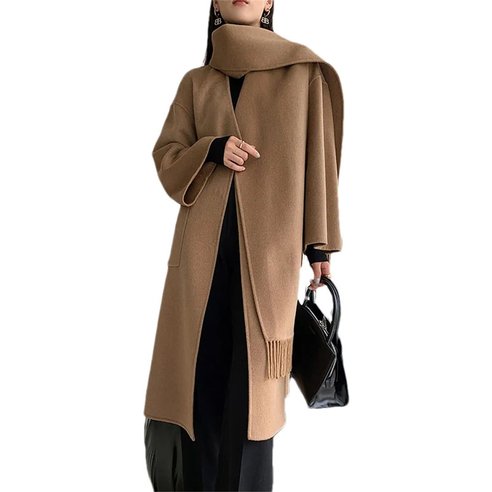 Women'S Scarf Collar Reversible Solid Wool Coat Solid Color Single Breasted Dressy Chic Trench Coat