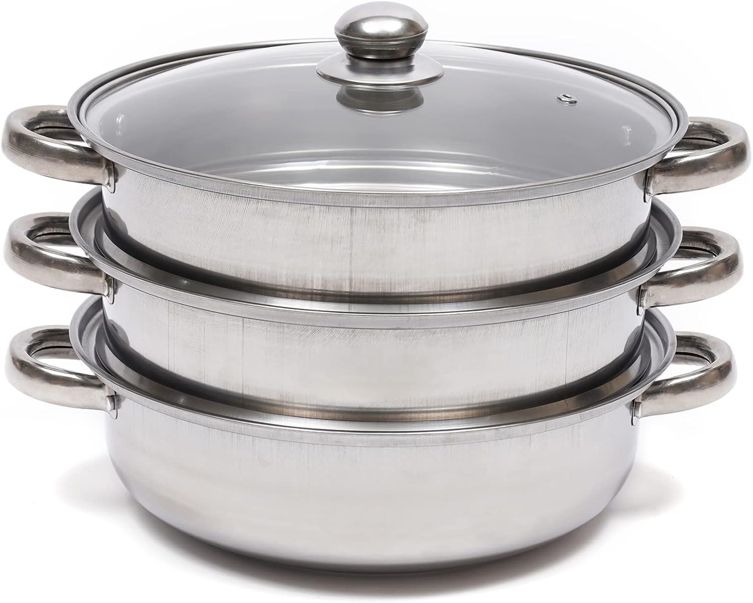 3-Tier Stainless Steel Steamer, Binaural Soup Steamer Steamer Multifunctional Kitchen Steamer with Handle, Meat and Vegetable Cooking Steamer for Vegetable Dumplings Meat Pasta