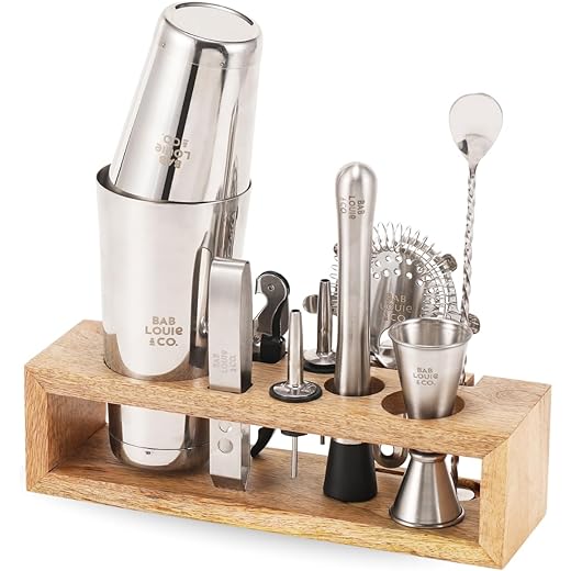 Bab Louie & Co. Bar & Cocktail Set, Ultimate BarKit with Wooden Stand, Cocktail Shaker Set for Drink, Set of 10 Stainless Steel & Anti Rust Bar Accessories with Stylish Bar Stand, Gifts for Bartender