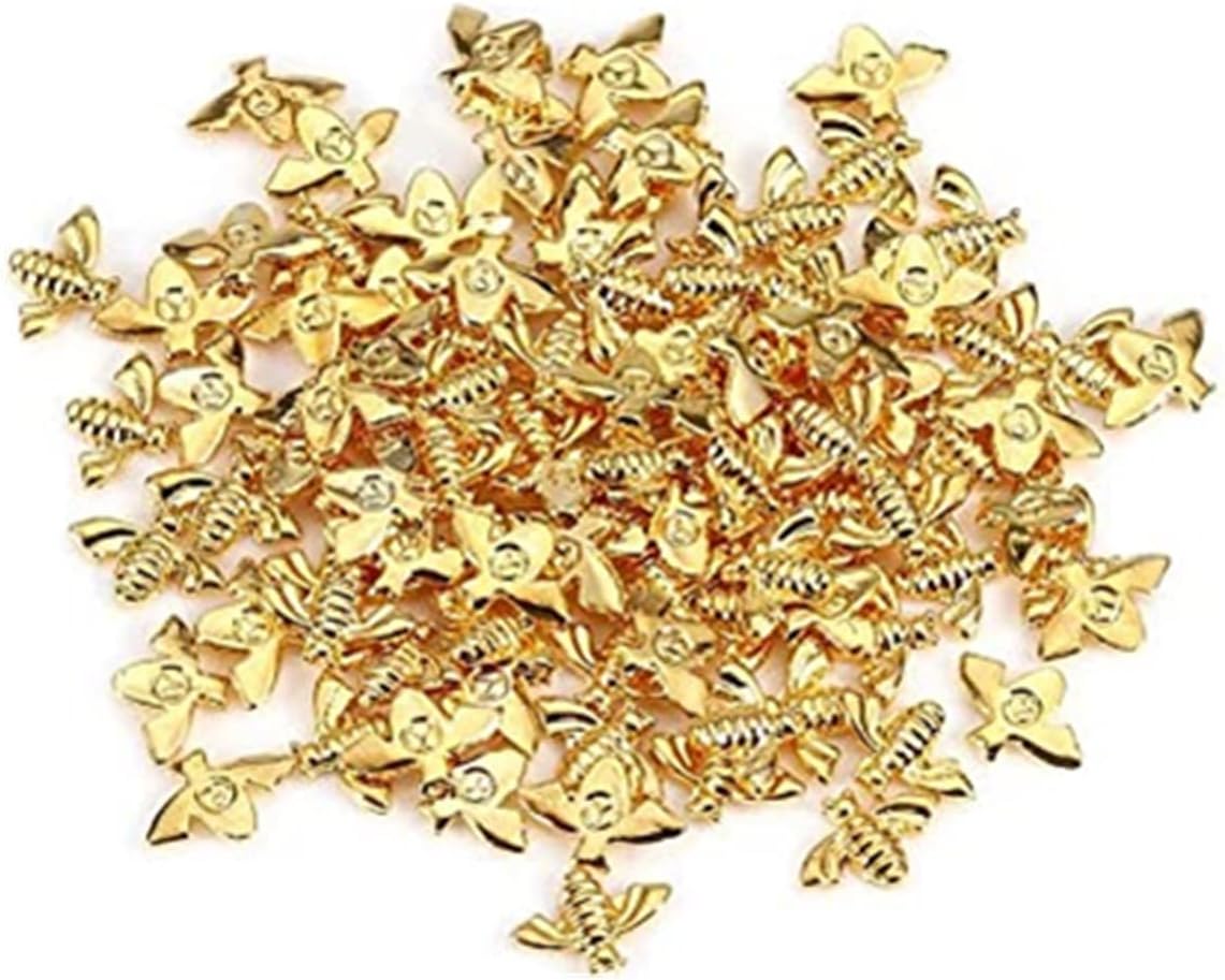 Metal Nail Decoration, 2 Colors 100pcs/Bag Metal Bees 3D Nail Decoration Metal Stick Gold Silver Nail Decals Manicure (Gold)