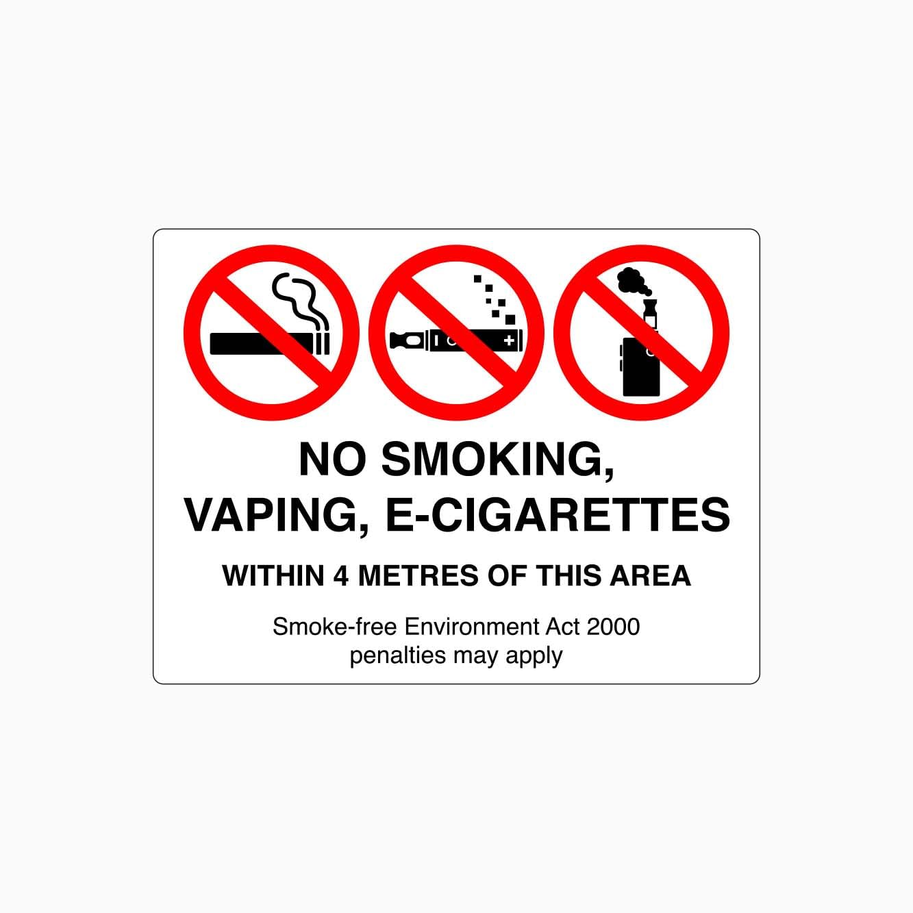 NO SMOKING, VAPING, E-CIGARETTES WITHIN 4 METERS OF THIS AREA Sign, 12x8 Metal Tin Sign, No smoking or vaping within 4 meters.