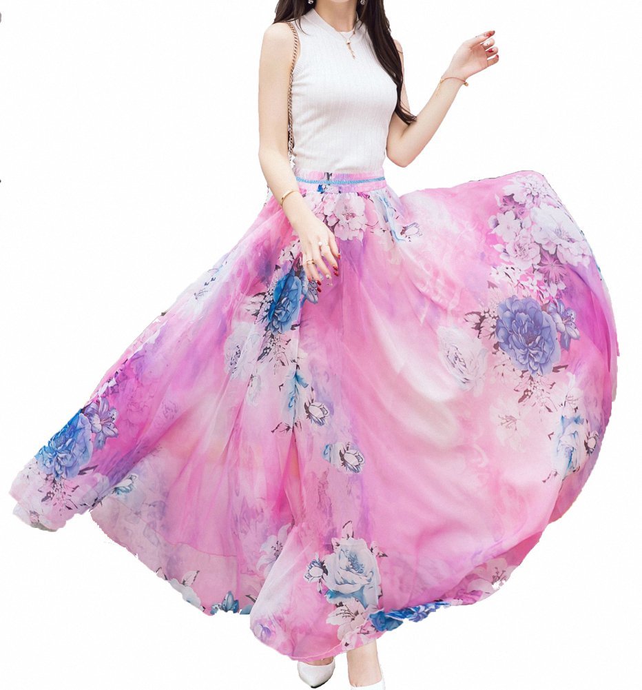 Afibi Women Full/Ankle Length Blending Maxi Chiffon Long Skirt Beach Skirt - Pink - Medium