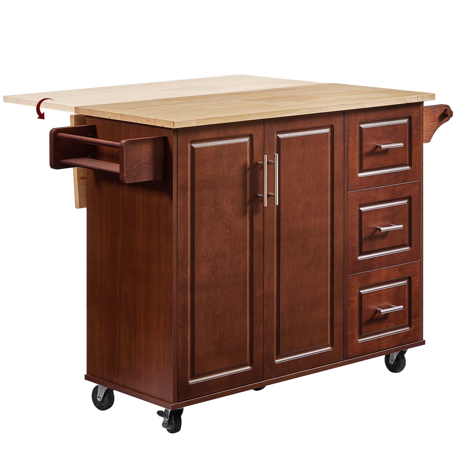 Lyromix Walnut 54" Rolling Kitchen Island Cart with Storage, Large Kitchen Cart with Folding Drop Leaf Breakfast Bar, Wood Island Table with 3 Drawers and Spice Rack & Towel Rack, Brown