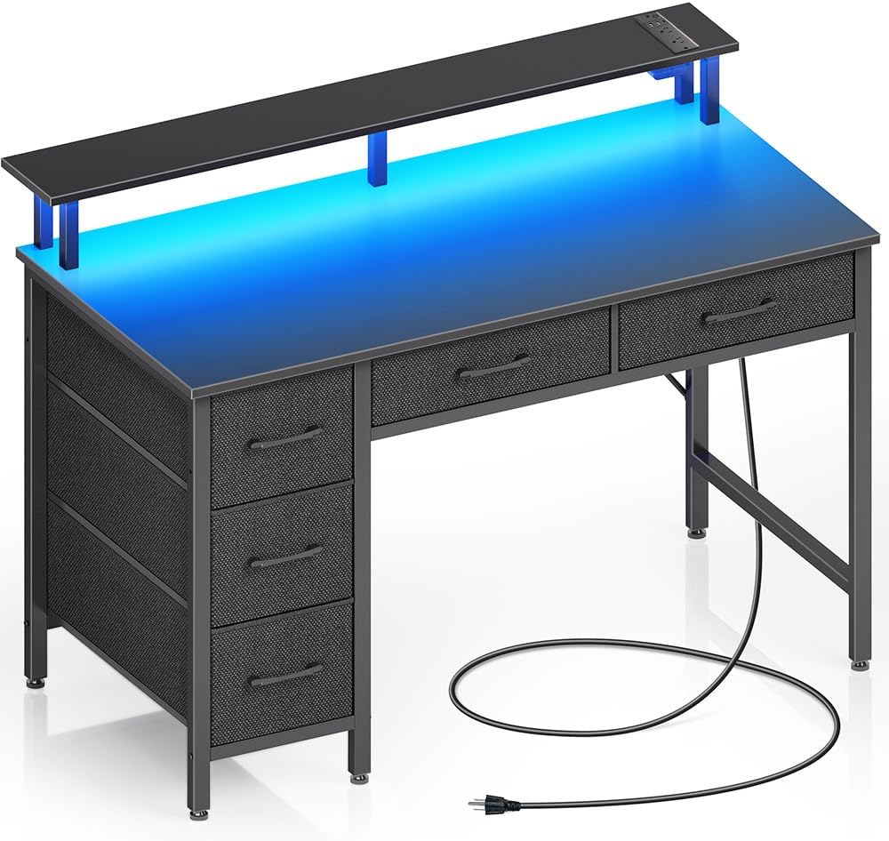 Product image of Seventable Computer Desk with Power Outlets & LED Light, 39 inch Home Office Desk with 5 Drawers, Writing Desk with Monitor Stand,Work Desk for Home Office, Black