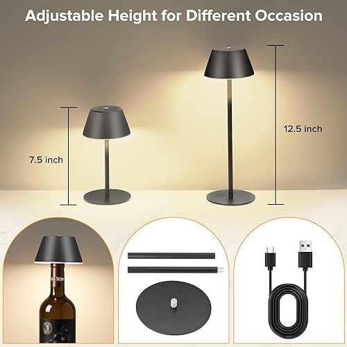 Miniatura 5 de Lámparas de mesa inalámbricas, lámpara LED recargable a batería con 2 alturas ajustables, 3 colores, atenuación continua, control táctil, lámpara de