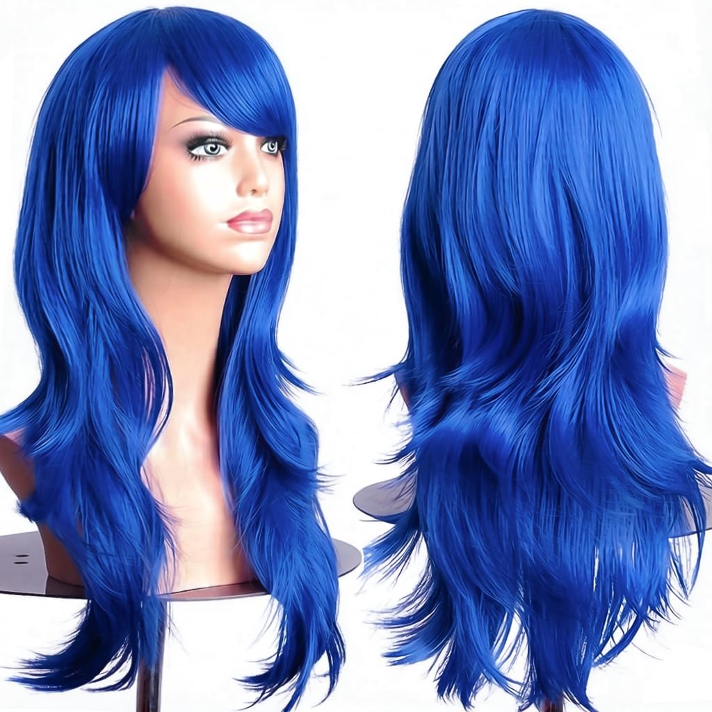PORSMEER 70 cm/28 inches Charming Blue Long Wavy Full Hair Wig Anime Cosplay Halloween Costume Party Heat Resistant Synthetic Wigs for Women