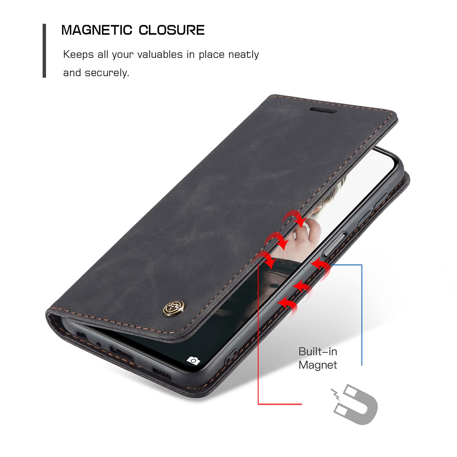 Custodia Portafoglio in Pelle PU Compatibile con Xiaomi Redmi Note 10S, Cover con Chiusura Magnetica, Tasche per Carte e Funzione Stand (Nero