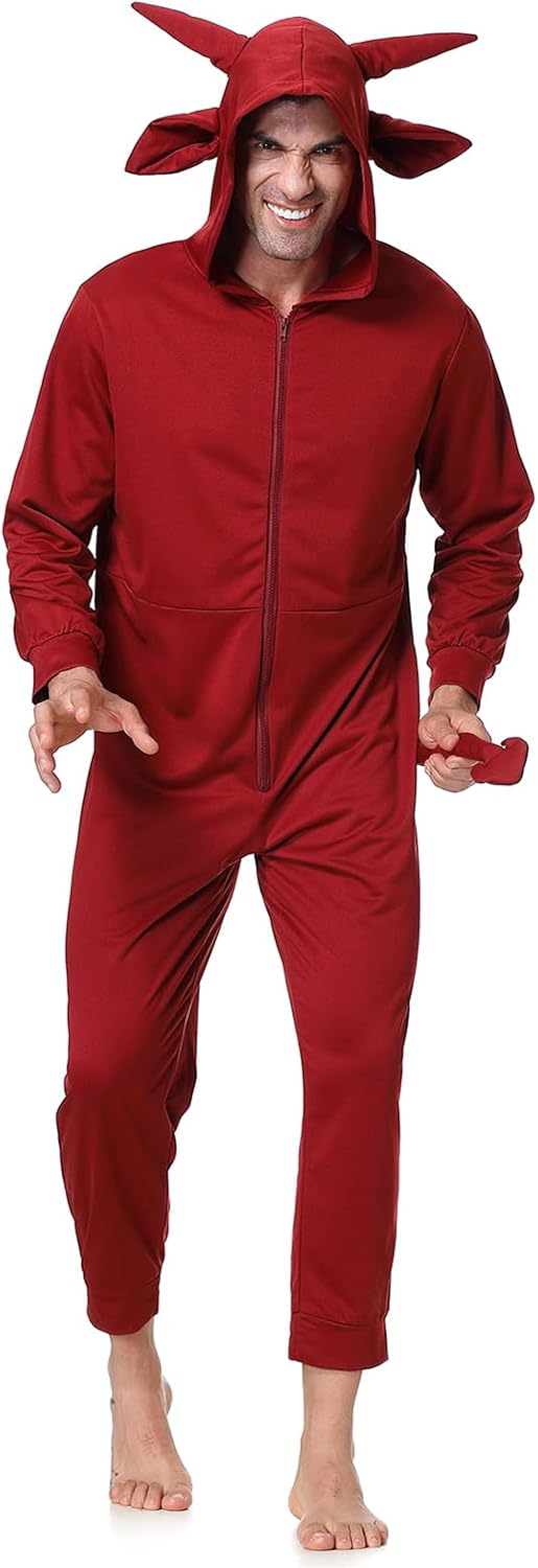 Red Devil Costume for Mens Womens, Adults Onesie Pajamas with Hood Halloween Christmas Cosplay Party Red Medium