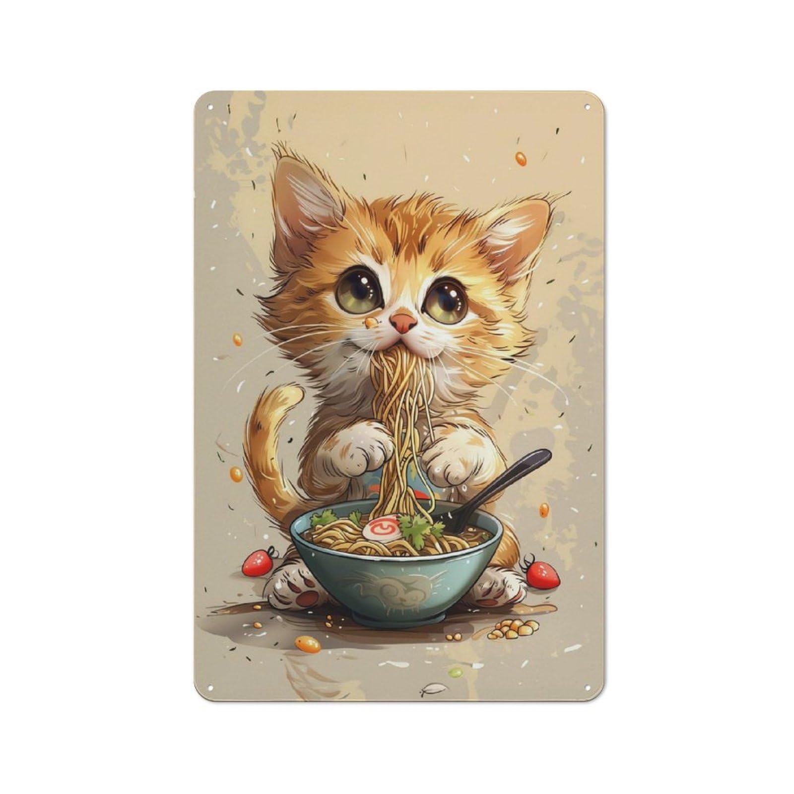 Junmoney A Cute Cat Is Eating Ramen Vintage Tin Sign 30X20cm, Country Style Bistro Wall Plaque For Bakery, Diner, Cafe Or Family Room