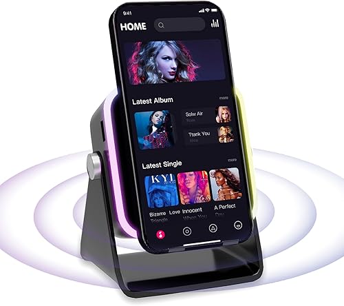 Miniatura 1 de Altavoz de inducción inalámbrico 5 en 1 Bluetooth con soporte para teléfono, sonido envolvente, 3500 mAh, 8 luces ambientales RGB, soporte ajustable