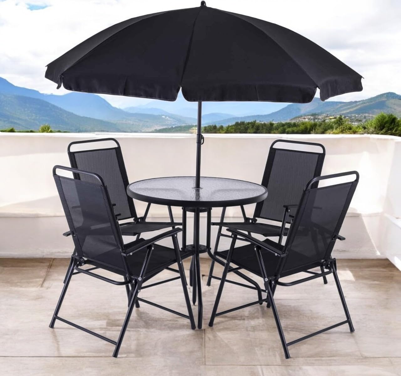 Practixx Balkonmöbelset 6-TLG mit neigbarem Sonnenschirm, Glastisch & 4 Klappstühlen Terrassenmöbelset Campingset Gartenset Balkonset schwarz anthrazit | Patioset grau Festival Garten Terrasse Balkon