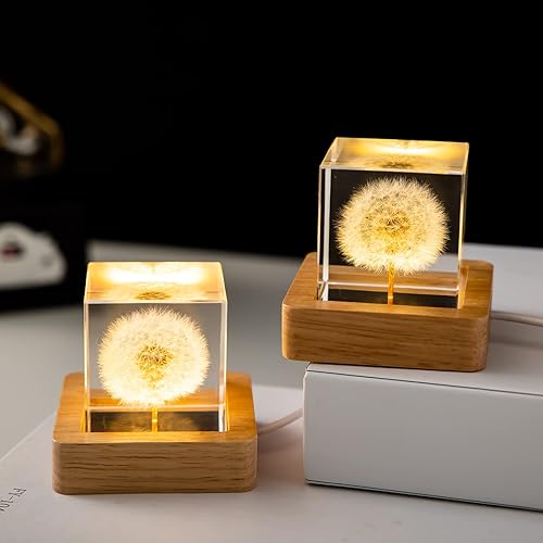 Miniatura 2 de MARZIUS Luz nocturna de cubo de cristal con decoración de diente de león preservada, perfecta para sala de estar, cubo súper transparente de 2