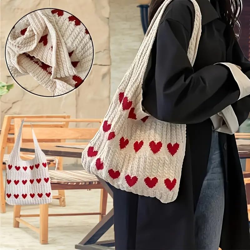 Image of Street27 Korean Crochet Tote Bag Casual Work Love Hobo Shoulder Handbags | Multi-Purpose Bag |Sturdy Aesthetic Tote Bag with Large Capacity | Shopping Bag for Office, College & Daily Use