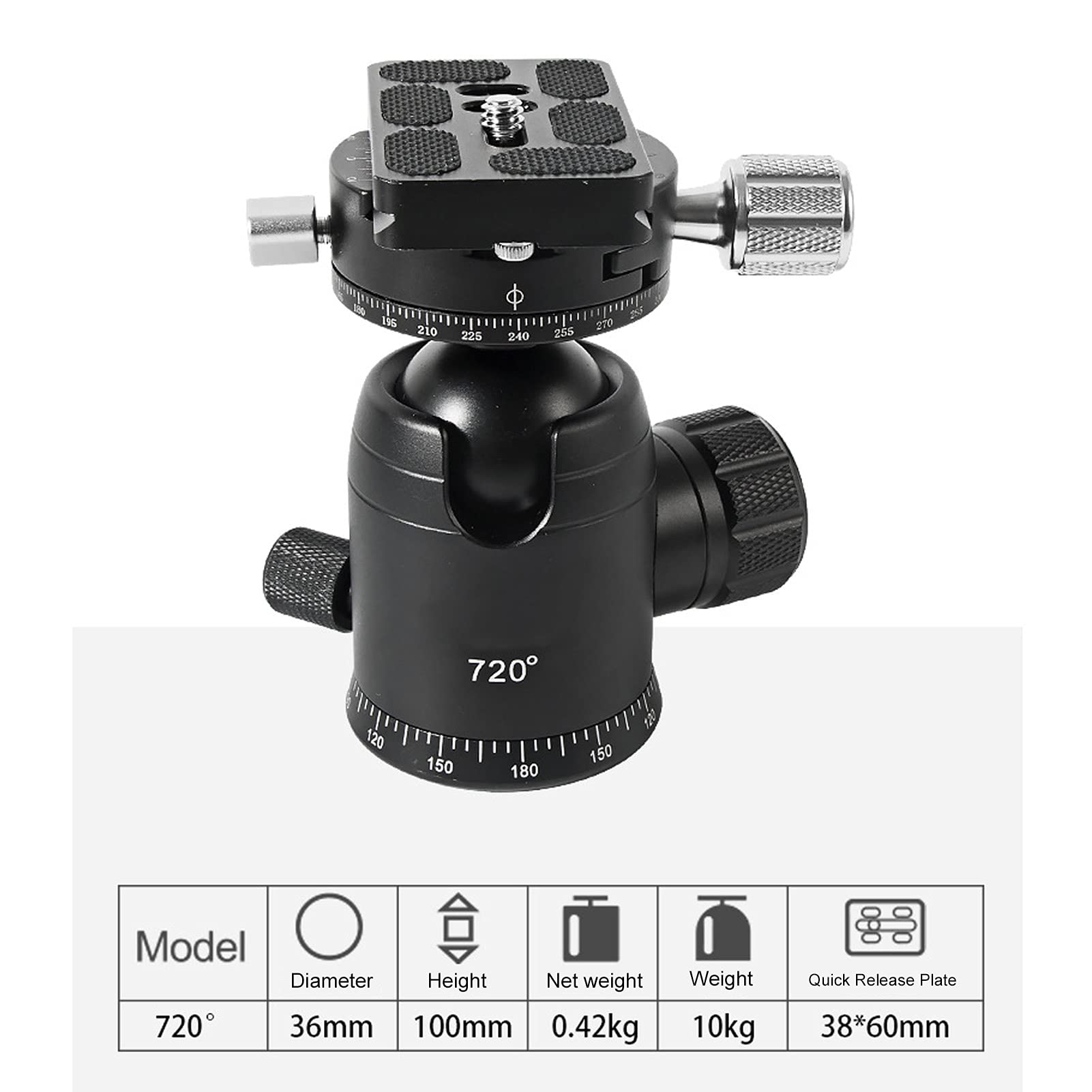 Testa a sfera per treppiede per fotocamera reflex panoramica a 720°, testa a sfera professionale in lega di alluminio con piastra a sgancio rapido, testa a sfera video girevole a
