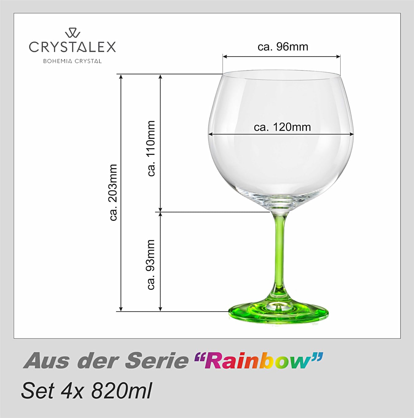 Set 4 große Gläser (4x820ml) mit farbigen Stielen aus der Serie „Rainbow" für Gin-Tonic, Cocktails oder Rotwein, Kristallglas