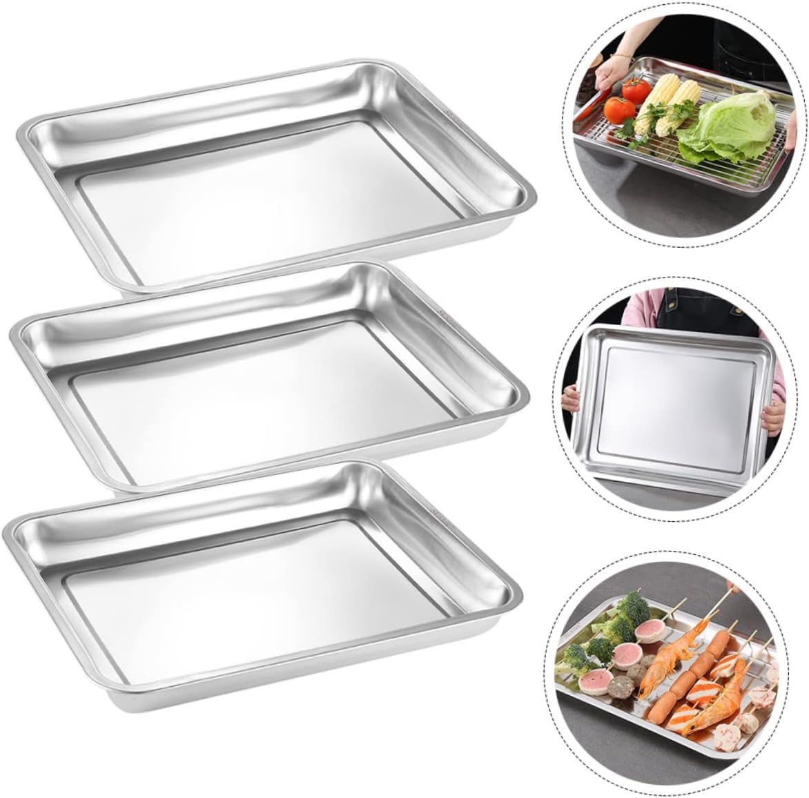 Cabilock 3pcs Heavy Duty Stainless Steel Rectangular Oven Tray Deep Edged Baking Pan for Barbecues Picnics and Family Gatherings and Polished Design