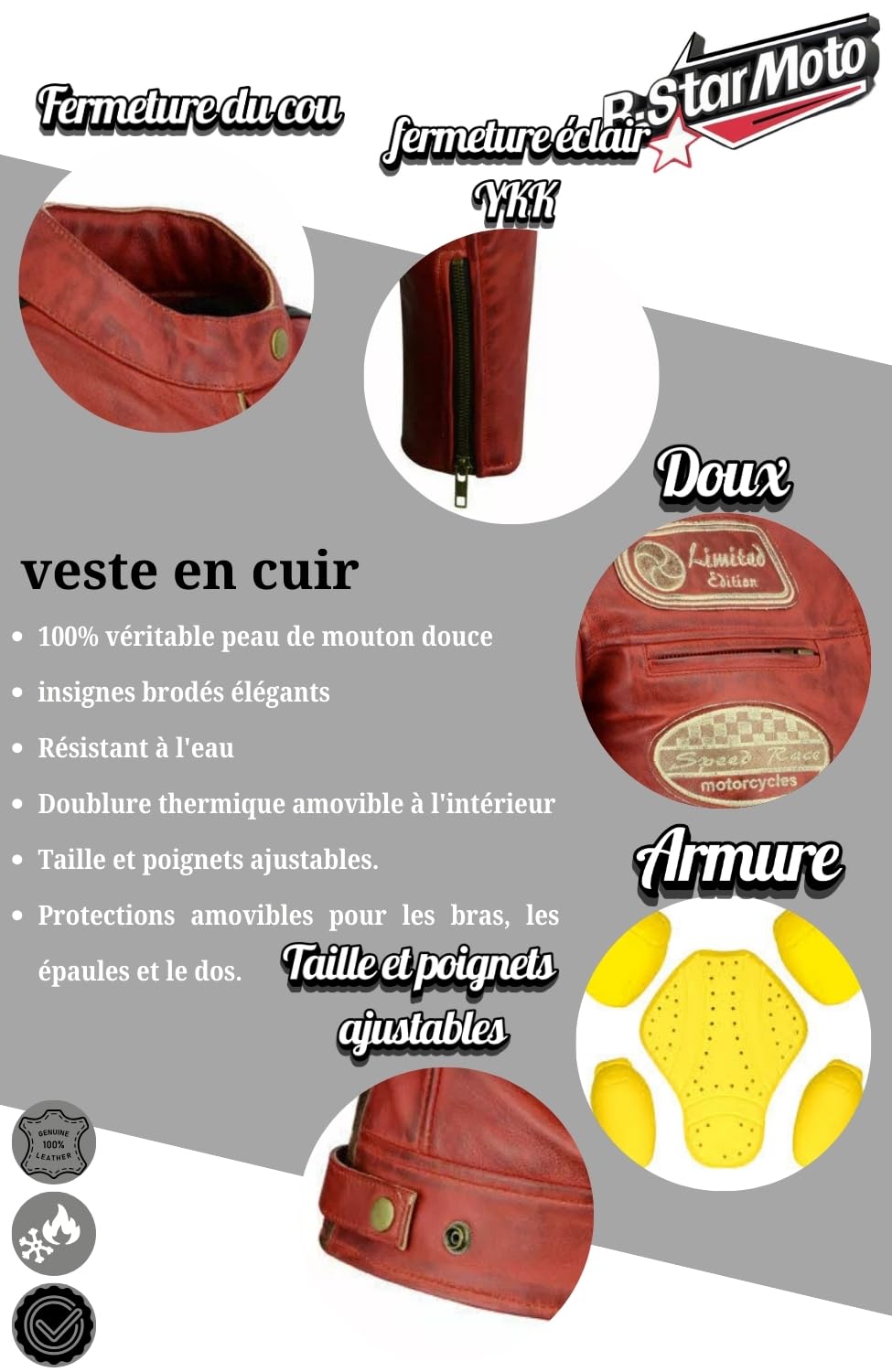 Veste de Moto En Cuir Pour Femme- Blouson Avec Protection Douce Cuir Et Vent Armure Corps été Hiver Tourisme Motard Blinde Rouge