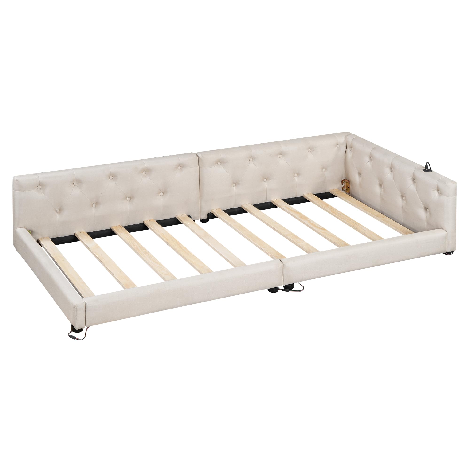 OKMYHOME Łóżko ławkowe 90x200 cm - Pikowane łóżko pojedyncze z portami USB typu C i oświetleniem LED - bez materaca - beżowy