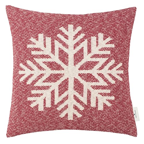 TOM TAILOR Weihnachtskissen rot – 100% Baumwolle Strickoptik – Kissenbezug Weihnachten Schneeflocke Weihnachtsmotiv – Deko Kissenbezuge 45x45cm kuschelig weich, für Sofa Bett & als Geschenkidee