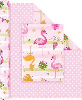 WERNNSAI Flamingo Reversible Wrapping Paper Roll - 1 Roll 17” x 33 ft Happy Birthday Wrapping Paper Roll Kids Pink Flamingo Birthday Gift Wrap Roll Girls Wrap Paper Polka Dot Design Summer Party Favor