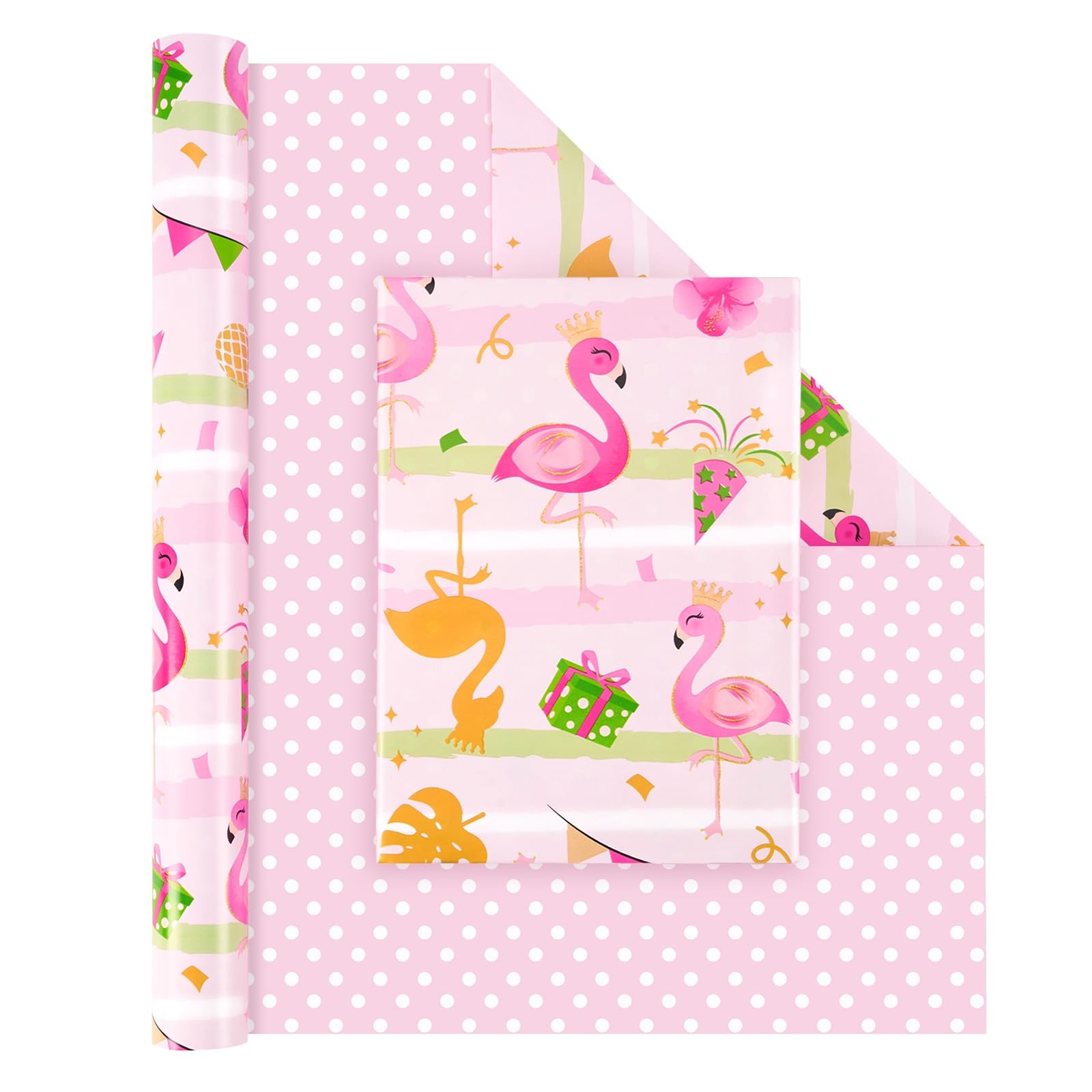 WERNNSAI Flamingo Reversible Wrapping Paper Roll - 1 Roll 17” x 33 ft Happy Birthday Wrapping Paper Roll Kids Pink Flamingo Birthday Gift Wrap Roll Girls Wrap Paper Polka Dot Design Summer Party Favor