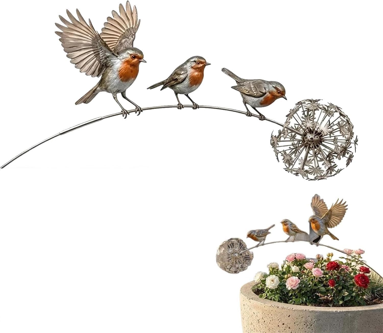 Szoziank Robin Garden Stake, Metal Robin Garden Ornament, Rustic Robin Bird Yard Art Decorations with Dandelion Accent, Metal Robins Bird Garden Sculpture, for Lawn Patio Flower Bed and Backyard