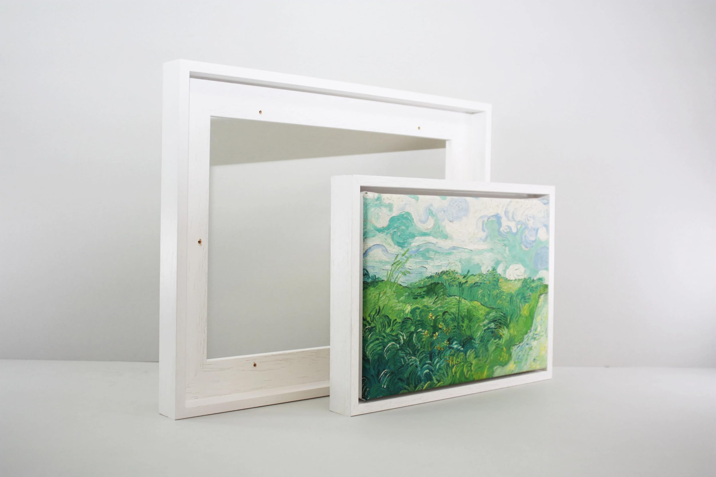 photoframesandmore White Wooden Tray Frames. 22mm Deep. Standard Size. Floating Effect Frames for Canvases. 12x16