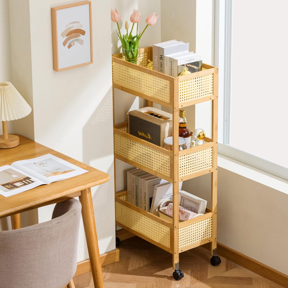 Carrello a 3 ripiani in bambù, robusto per bagno e ufficio, con ruote bloccabili, versatile scaffale per verdure e ripiano su ruote