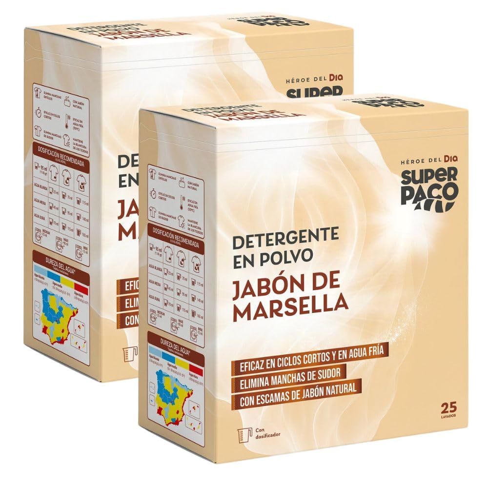 Super Paco Detergente en Polvo Jabón de Marsella, 50 Lavados, Pack de 2 Unidades, 1,625 kg cada una