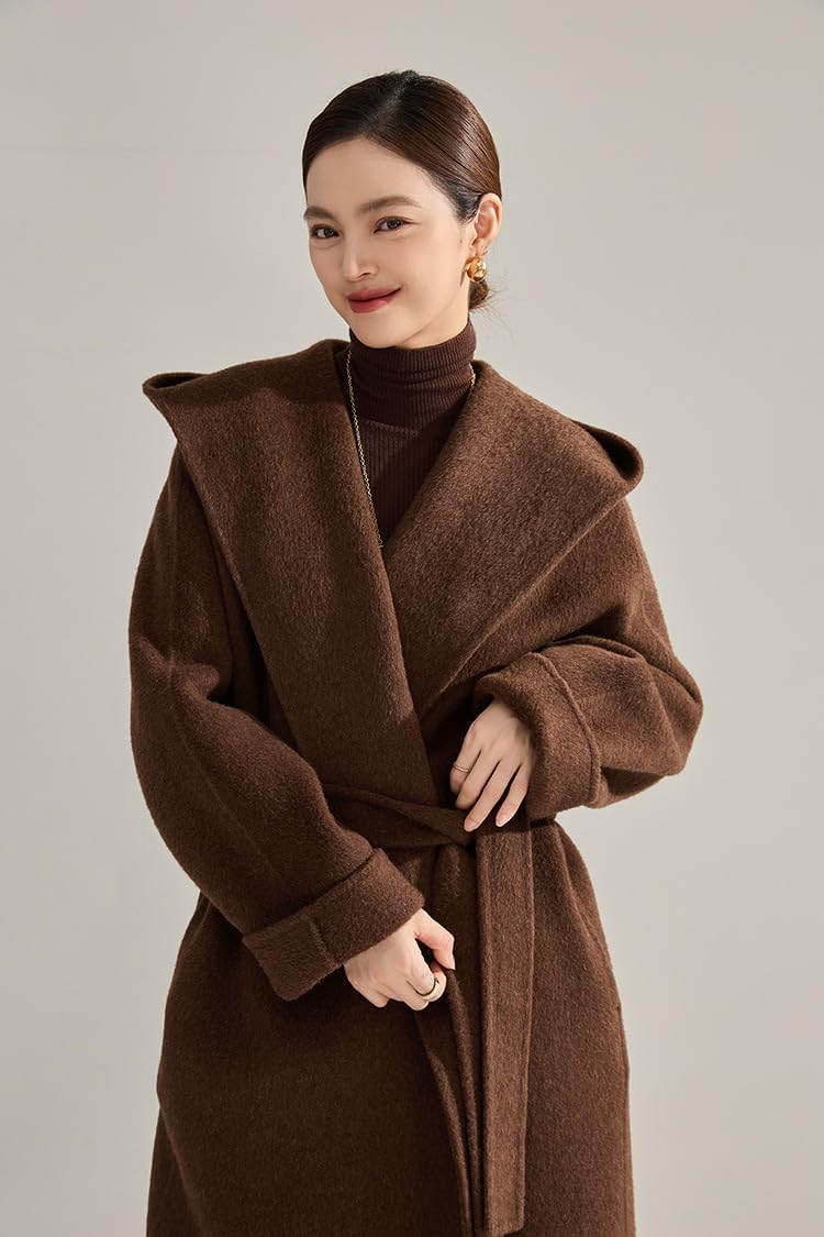 utcoco Women's Winter Belted Wool Coat Lapel Collar Pea Coat Open Front Long Wool Trench Coat with Hood