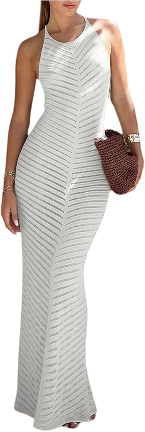 MakeMeChic Women's Hollow Out Cover Up Dress Tie Backless Halter Neck Sleeveless Beach Swimsuit Maxi Dresses