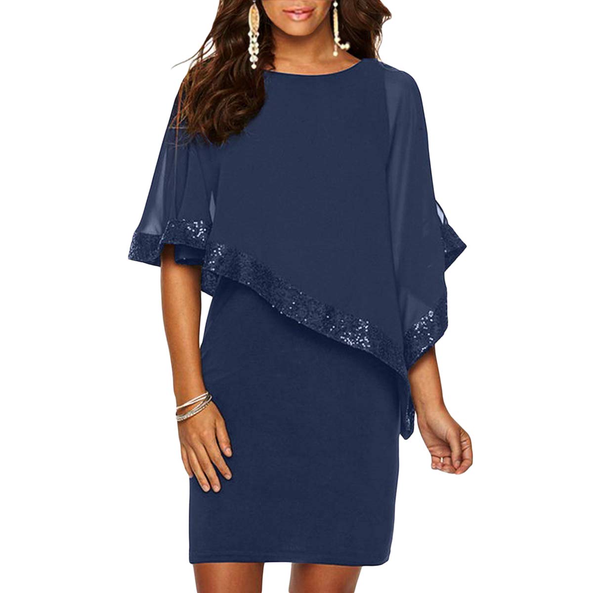 sachin and babi light blue dress Alaster Queen Sequined Overlay Party Dress Chiffon Poncho Slit Sleeve