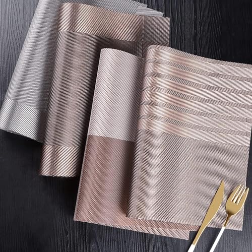 Image of Rectangular Heat Resistant Non-Slip Weave Placemat for Dining Table, Cleanable PVC Woven Dinner Mats | Low-Maintenance| Perfect for Home, Kitchen, Restaurant, Office Bear Browne, Set of 4