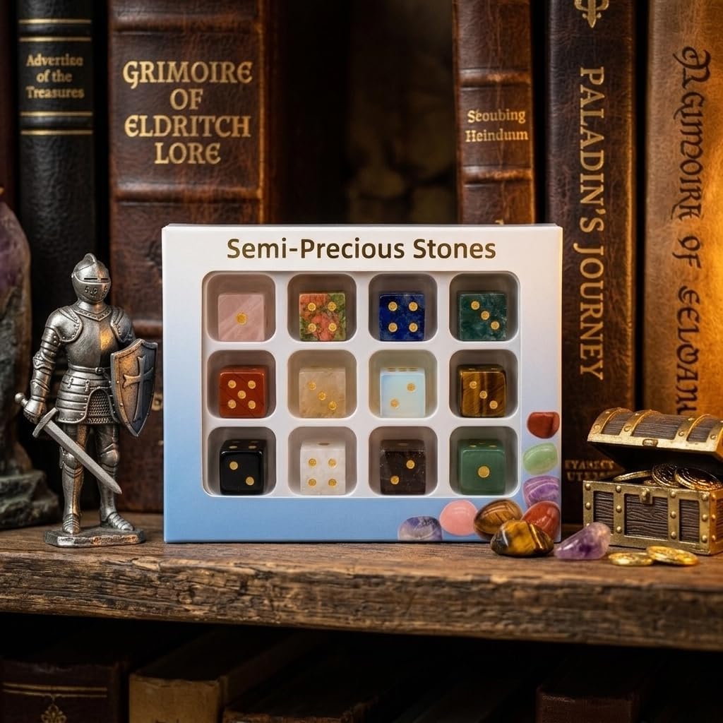 12PCS a Set Natural Crystal Gemstone Dice Set, Multi-Color Semi-Precious Stone Gaming Dice with Gold Pips Home Decor