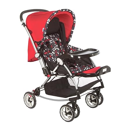 Mee Mee Baby Pram with Adjustable Seating Positions and Reversible Handle (Dark Red Black) (MM-29 PRAM_Red-Grey)