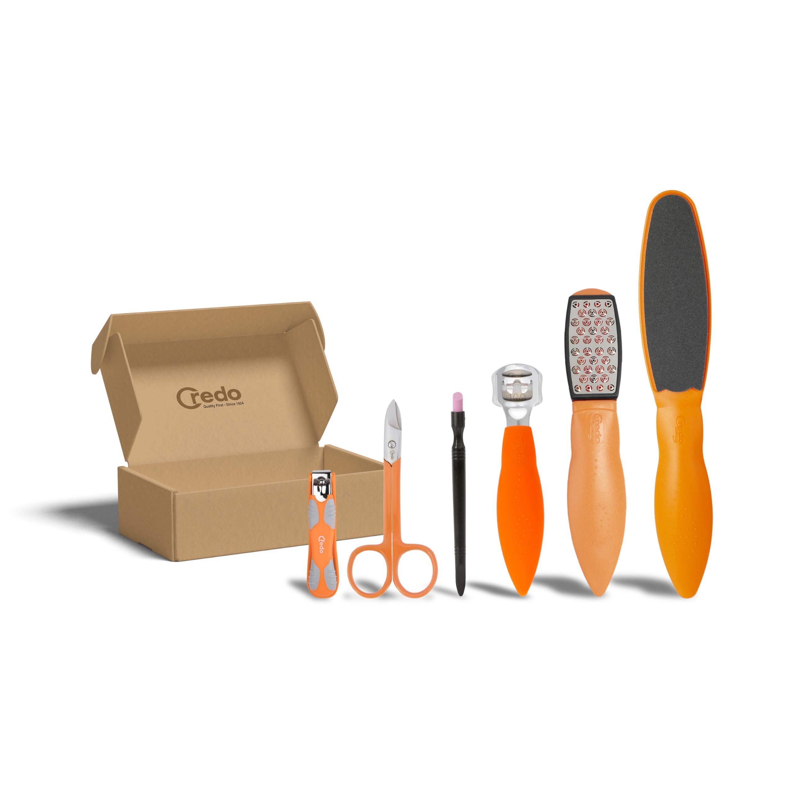 Credo PopArt Intense Care Bundle Fußpflege Set | mit SmartCutter, Safety Hornhauthobel, DuoSoft, Fußnagelschere, Nagelknipser & Keramik-Nagelhautentferner | intensive Fuß- und Nagelpflege (Orange)