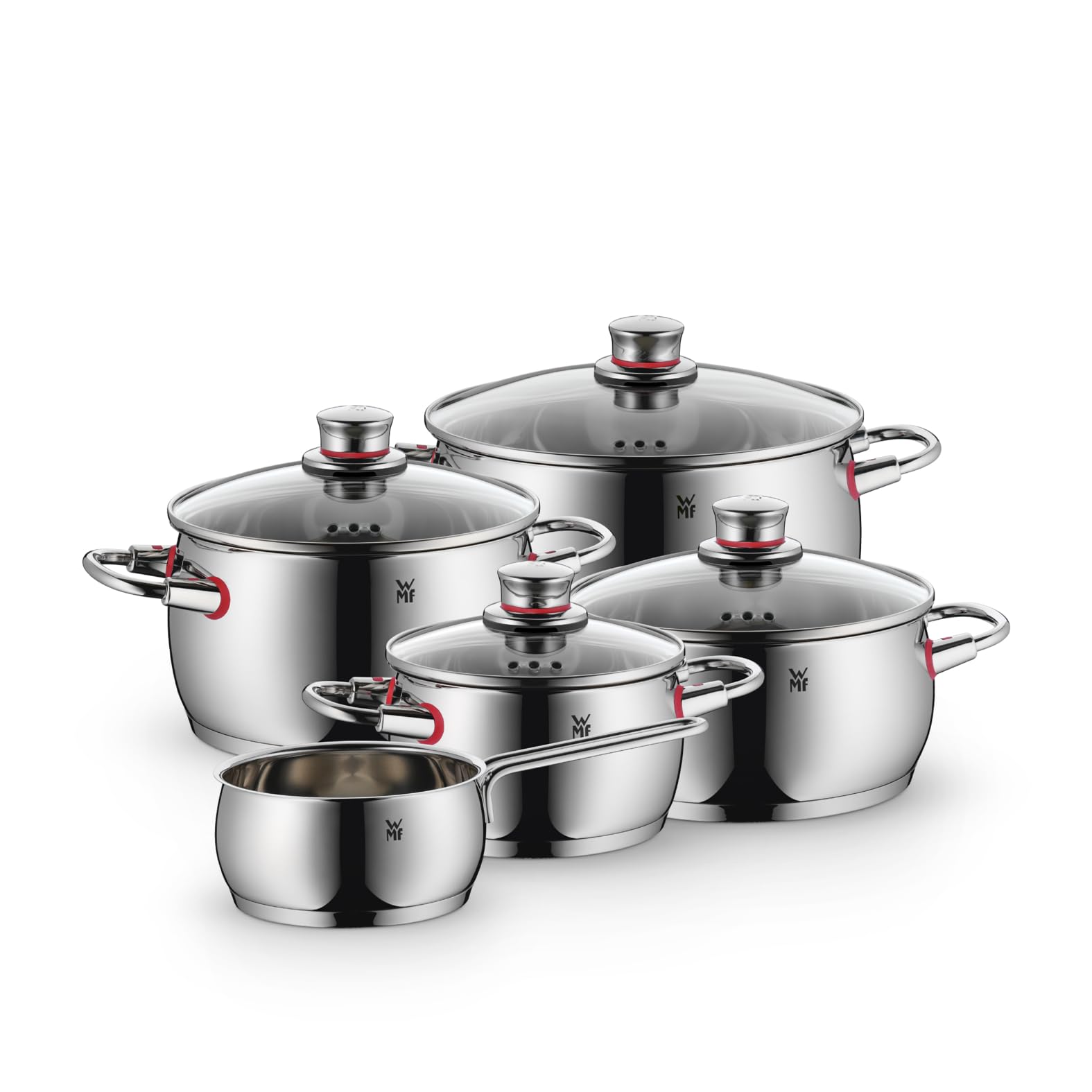 WMF Quality One Topfset Induktion 5-teilig, Kochtopf Set mit Glasdeckel, Cromargan Edelstahl poliert, Induktions Töpfe Set unbeschichtet, Dampföffnung, für alle Herdarten geeignet