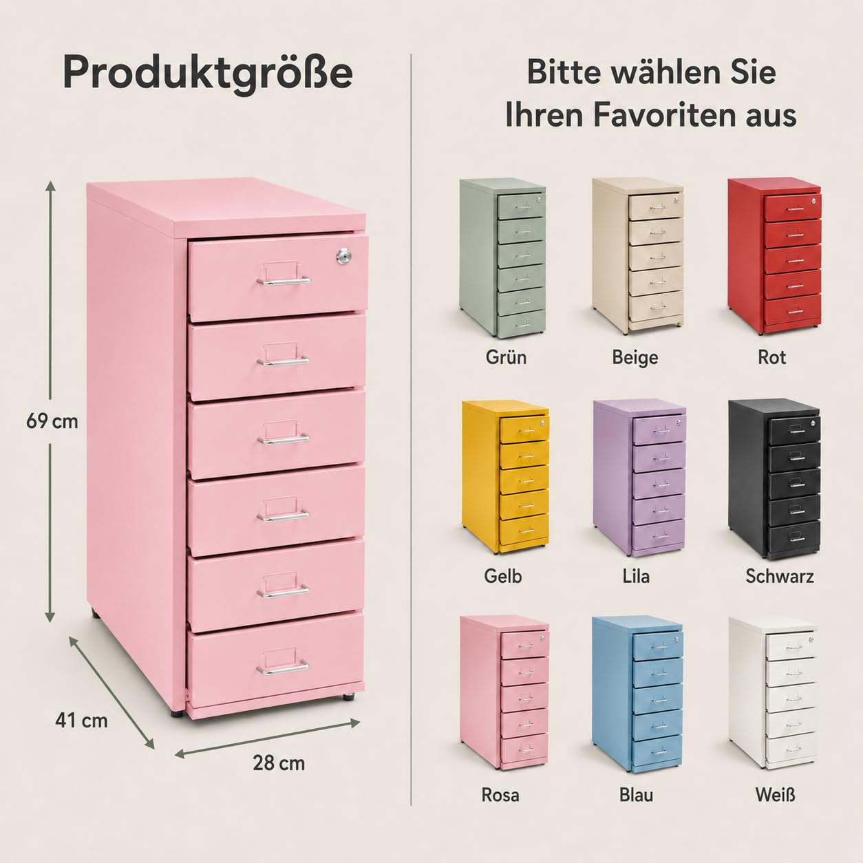 Armoire de bureau verrouillable - En métal - Avec tiroirs et 6 niveaux - Pour bureau - Rose