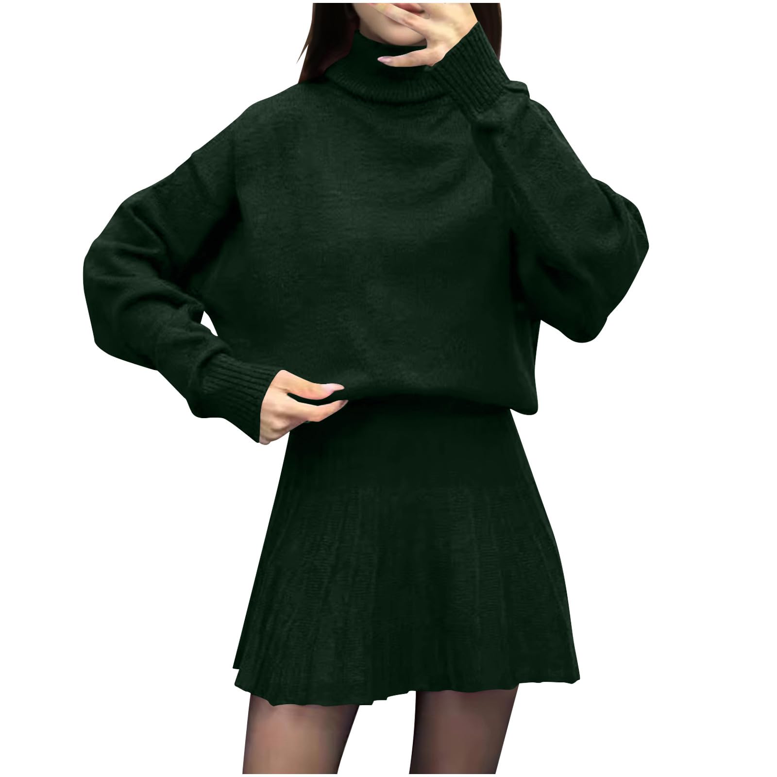 Womens 2 Piece Skirt Set Turtleneck Sweater Tops Mini Skirt Matching Outfits Fall Loungewear Spring Travel Outfits