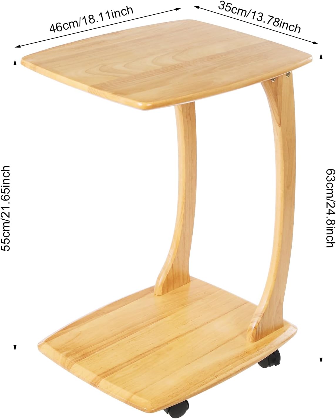 Solid Wood End Table, C-Shaped Side Table with Wheels, TV Tray Table, Couch Table That Slide Under for Small Space, Living Room, Bedroom (Wood Color)