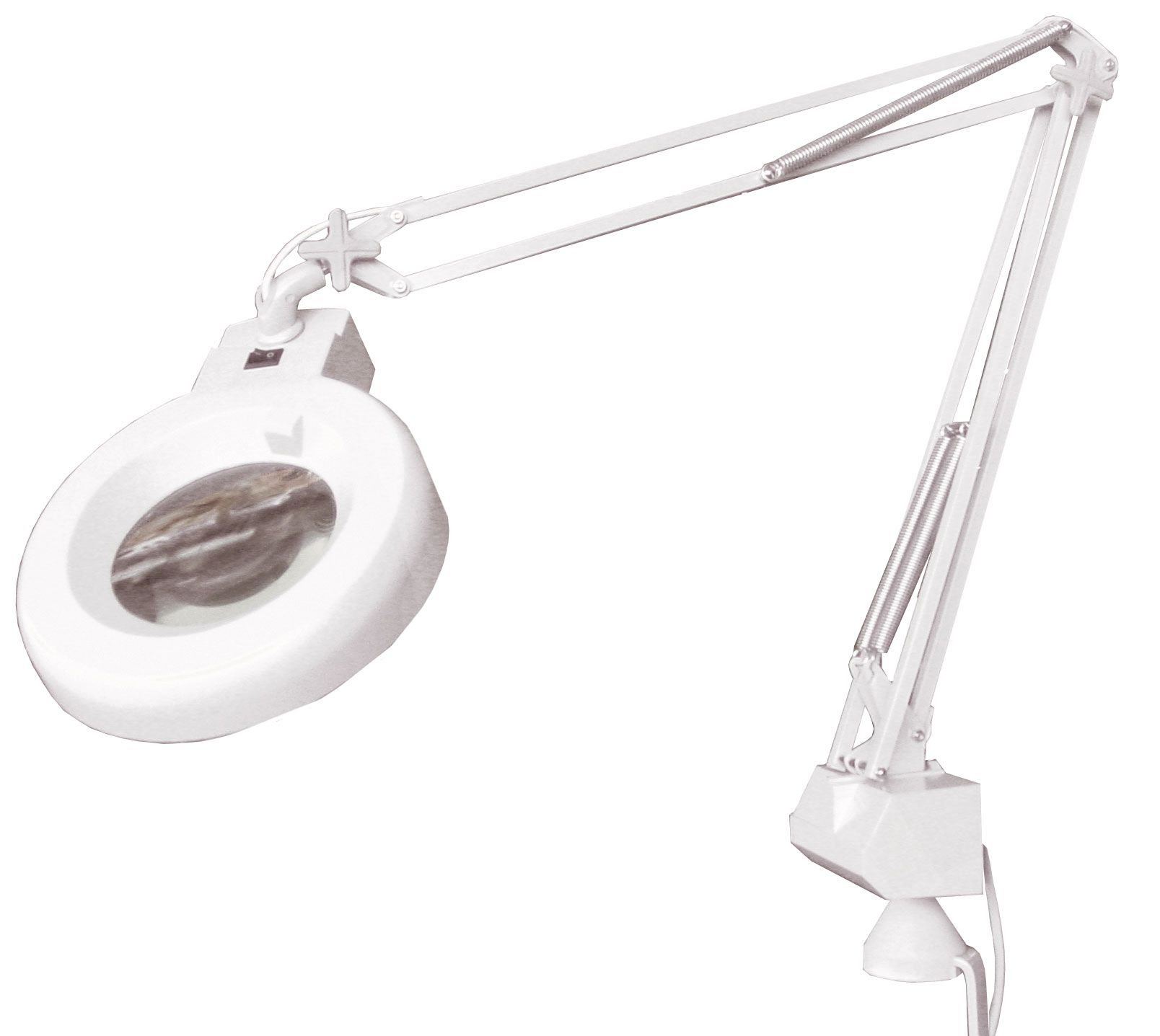 Lampara Flexo-lupa profesional con luz fluorescente. 5 aumentos. Pie metalico con ruedas. 220v