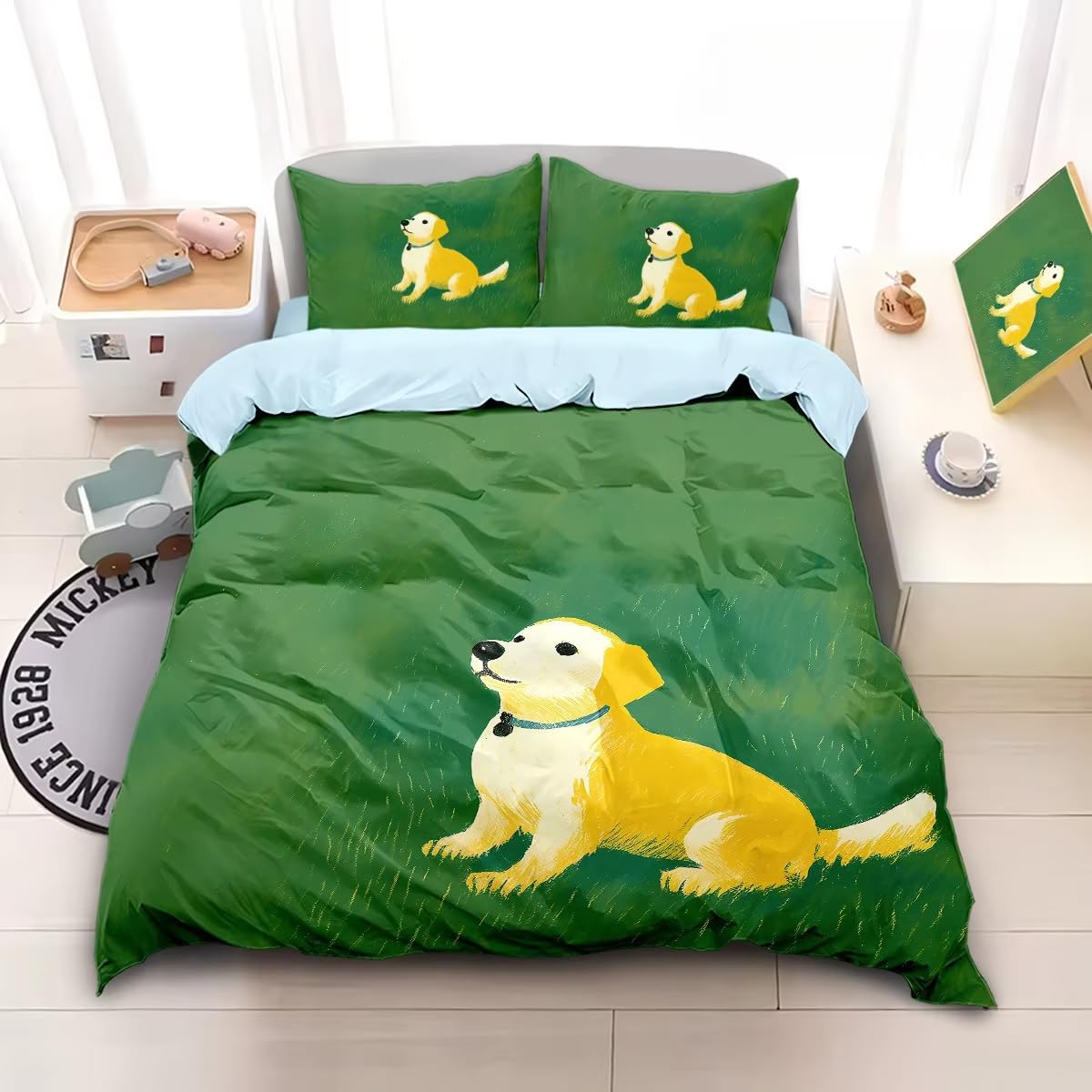 Housse de Couette Chien Vert 200x200 Idéale pour Reconstituer une Chambre d'Ado Cosy