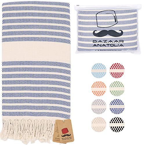 Bazaar Anatolia Turkish Beach Towel 100% Cotton 73x38 Oversized Quick Dry Bath Towels Sand Free Mat (Dark Blue)
