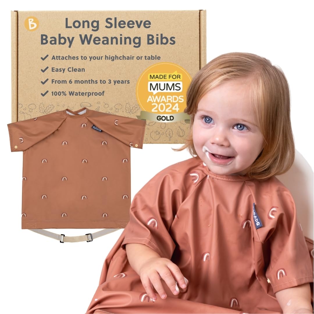 BIBaDO - Short Sleeve Baby Bibs - Babies & Toddlers 6-36 Months - Coverall Baby Weaning Bib - Easy Wipe Clean & Soft Fabric - Attach to Highchair & Tables - Waterproof - Machine Washable - Baby Gifts
