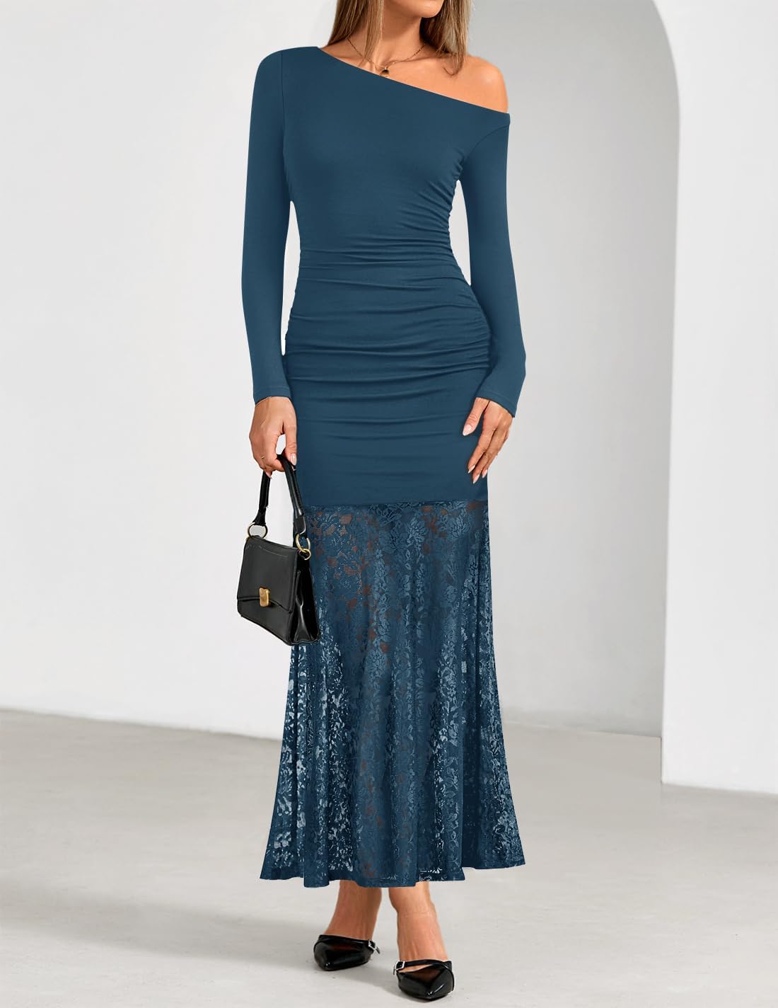 ZESICA Women's Long Sleeve Off Shoulder Bodycon Dresses Fall 2026 Ruched Lace Wedding Guest Cocktail Formal Maxi Dress - Image 2