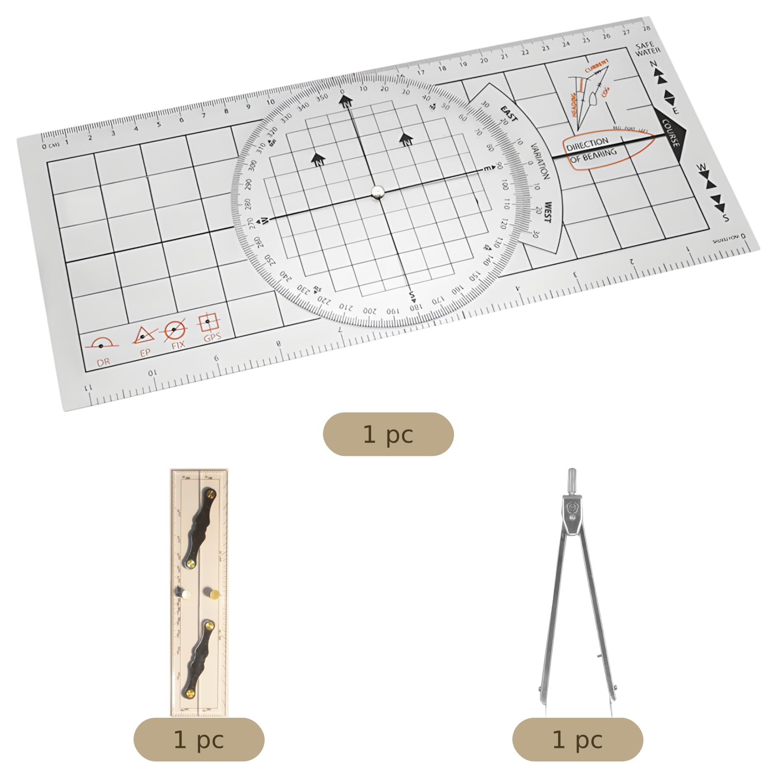 3 Stk. Marine Navigationsset, nautisches Kartierwerkzeug mit Einhandzirkel, Navigationslineal und Winkelmesser, Zeichenzubehör für Bootfahren, Segeln und Seefahrt, für präzise Kartendarstellung