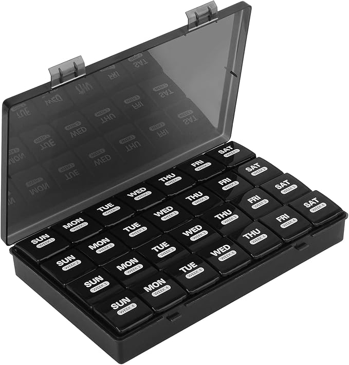 Monthly Pill Box Organiser,4 Week 28 Day Large Pill Box Organiser,Pill Boxes,Pill Organiser with Dust-Proof Case for Vitamins/Fish Oils/Pill (Black)