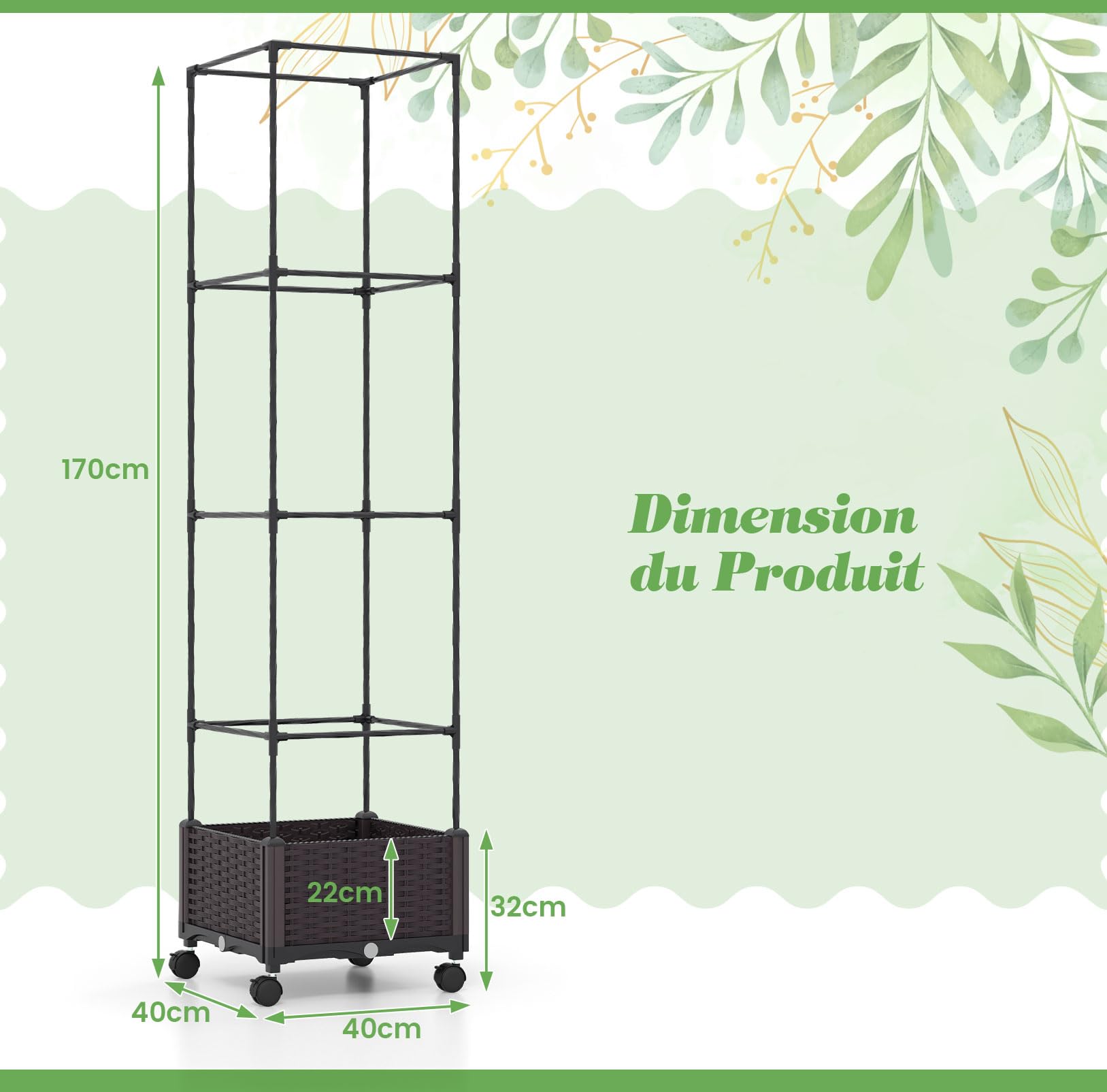 GOPLUS Jardinière avec Treillis Jardin pour Plantes Grimpantes, Obélique avec Carré Potager Pot,Cage à Tomates à roulettes 4 Hauteurs 170/130/90/50CM 40 x 40 x 32CM